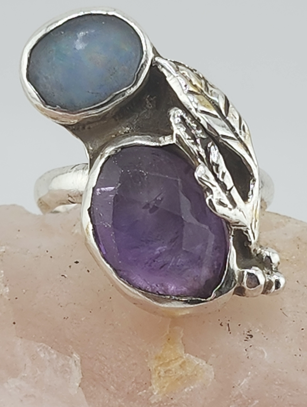 OPAL & AQUAMARINE HANDMADE RING IN STERLING SILVER SZ 8.5